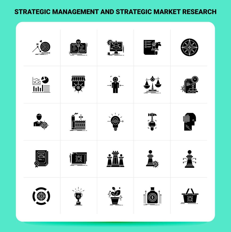 Solid 25 Strategic Management and Strategic Market Research Icon set. Vector Glyph Style Design Black Icons Set. Web and Mobile Business ideas design Vector Illustration.