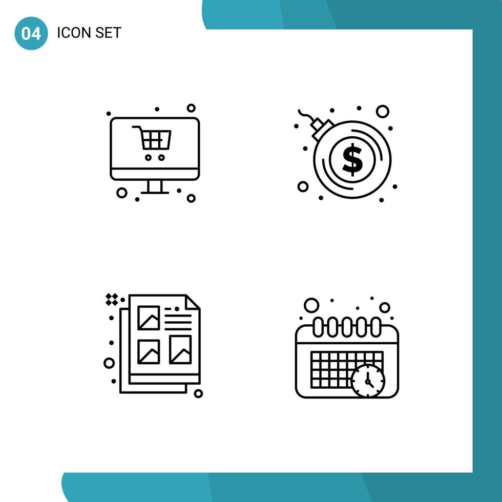 Mobile Interface Line Set of 4 Pictograms of online document monitor dollar calendar Editable Vector Design Elements