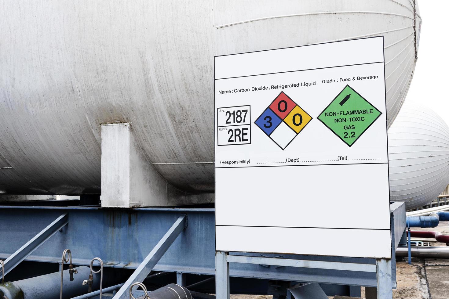 Chemical name and chemical formula icon on white sign with large carbon dioxide chemical tank photo