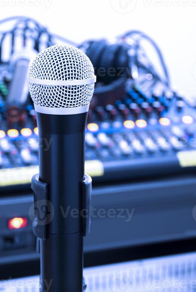 The microphone on tripod with mixer background in sound control room. photo