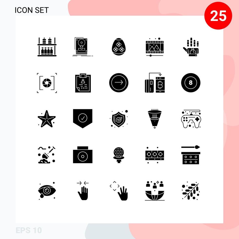 Modern Set of 25 Solid Glyphs Pictograph of tracking video upload play store holidays Editable Vector Design Elements