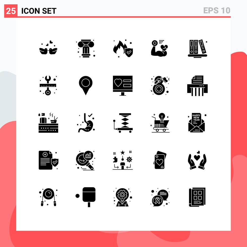 Editable Vector Line Pack of 25 Simple Solid Glyphs of library books insurance back to school heart Editable Vector Design Elements