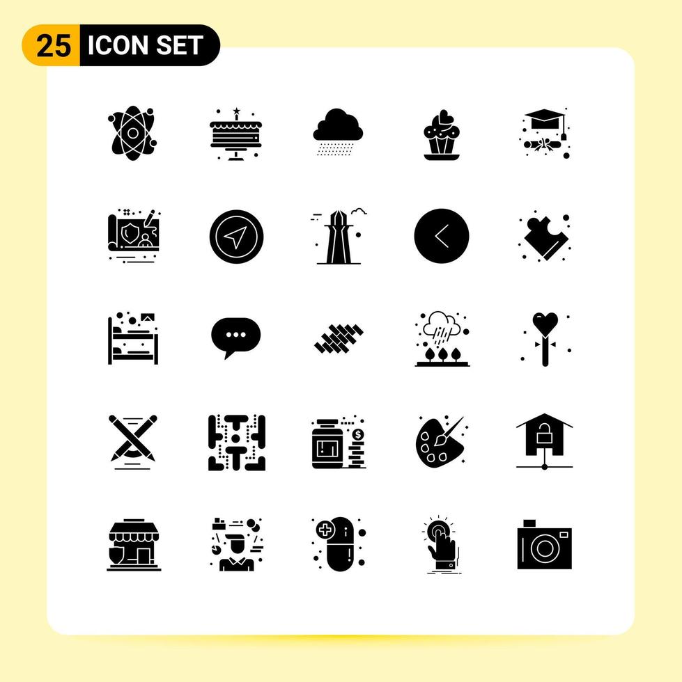 Solid Glyph Pack of 25 Universal Symbols of design graduation cap nature graduation love Editable Vector Design Elements