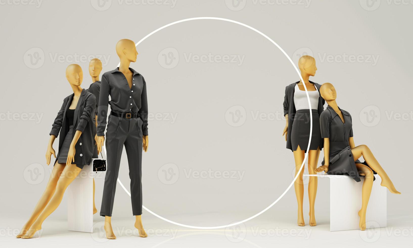 Statue of model mannequin in gold for showcasing fashion formal clothes in an abstract concept. on stone pallet geometric product stand. isolate on white background with promotion sale. 3d rendering photo