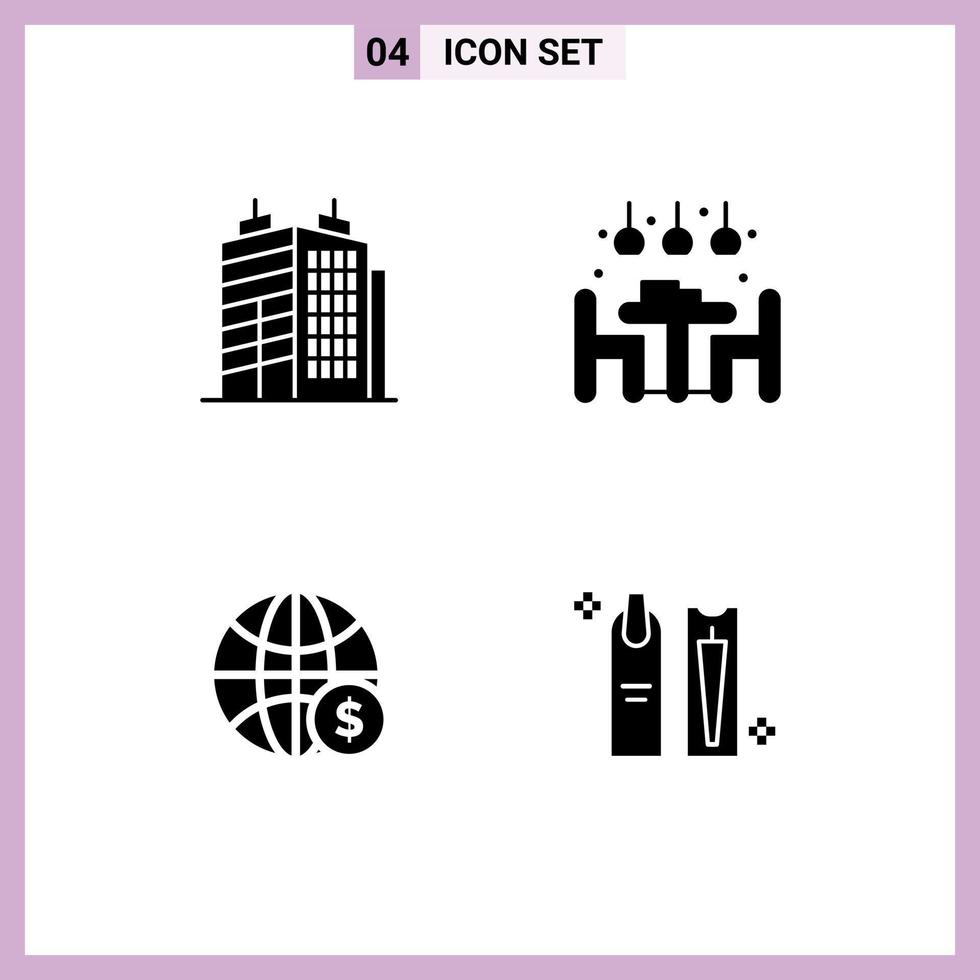 Set of 4 Commercial Solid Glyphs pack for building dollar home dinner business Editable Vector Design Elements