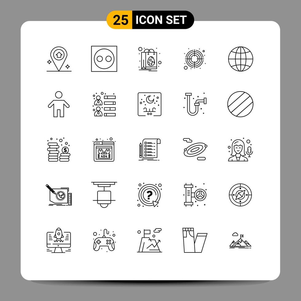 Modern Set of 25 Lines Pictograph of globe target bag goal focus Editable Vector Design Elements