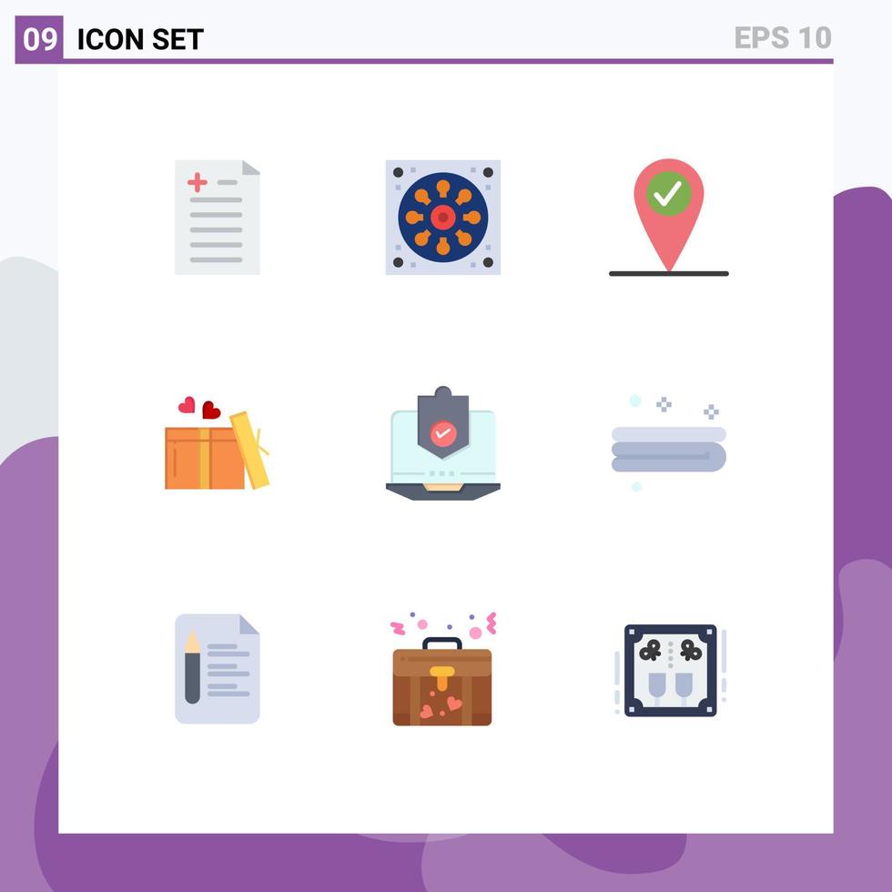 Modern Set of 9 Flat Colors Pictograph of protected internet pin computer wedding Editable Vector Design Elements