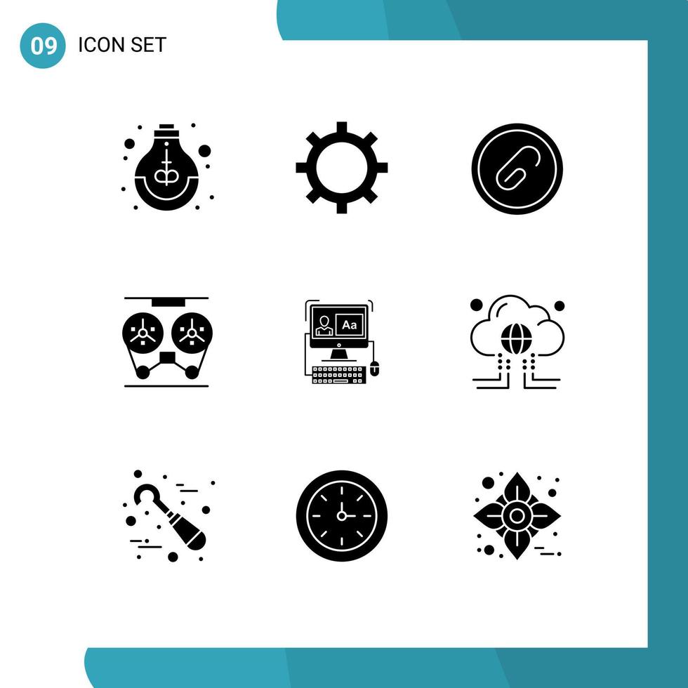 Pictogram Set of 9 Simple Solid Glyphs of computer recorder document record audio Editable Vector Design Elements