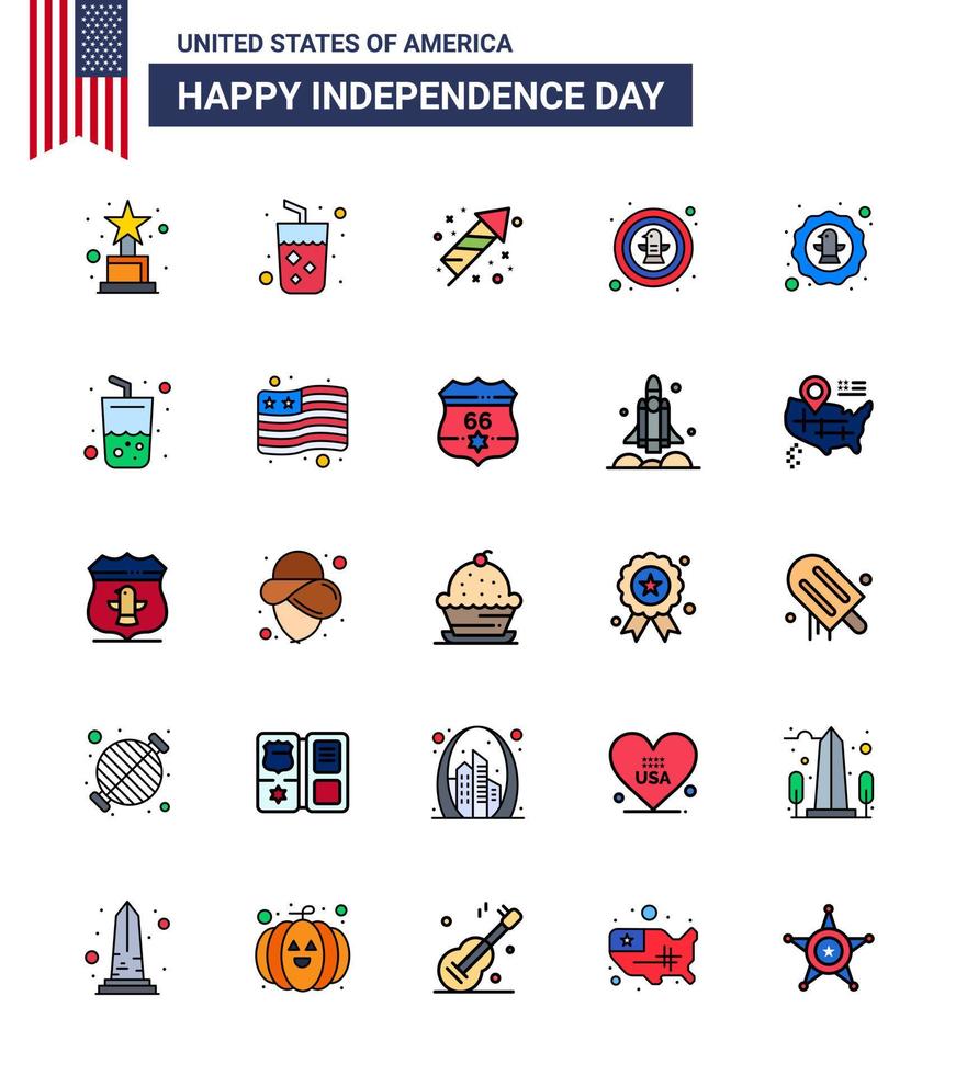 Group of 25 Flat Filled Lines Set for Independence day of United States of America such as drink badge festivity eagle bird Editable USA Day Vector Design Elements