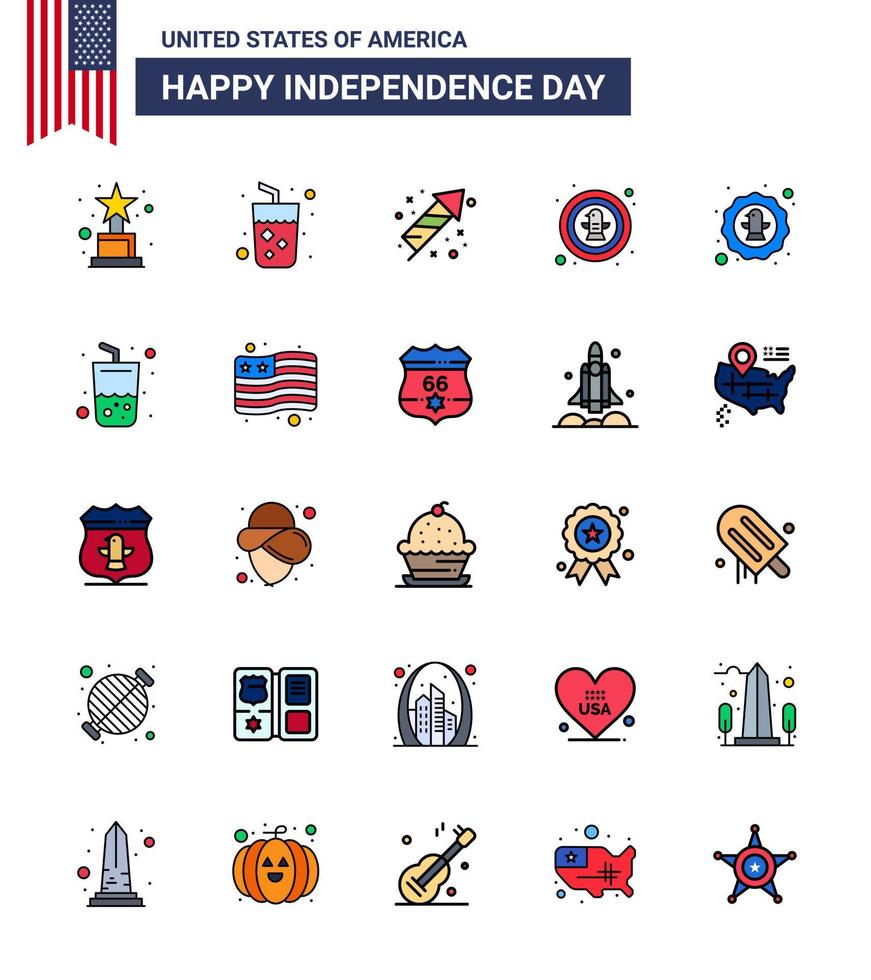 grupo de 25 líneas rellenas planas establecidas para el día de la independencia de los estados unidos de américa, como la festividad de la insignia de la bebida, pájaro águila, elementos de diseño vectorial del día de estados unidos editables vector