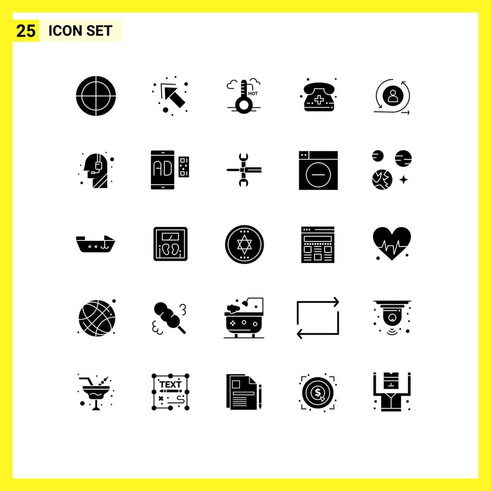25 Thematic Vector Solid Glyphs and Editable Symbols of returning visiter returning hot phone calling Editable Vector Design Elements