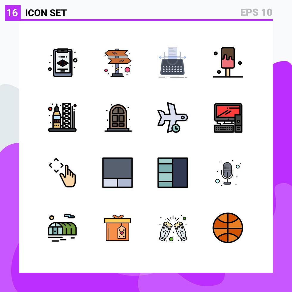 grupo de 16 líneas llenas de color plano, signos y símbolos para la historia del cohete espacial, lanzamiento de hielo, elementos de diseño de vectores creativos editables