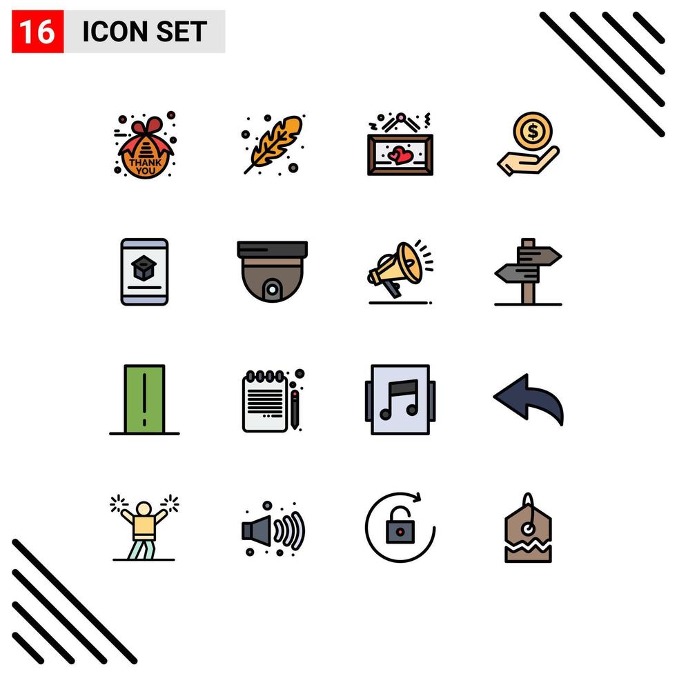 Modern Set of 16 Flat Color Filled Lines Pictograph of book monry board shopping romantic Editable Creative Vector Design Elements