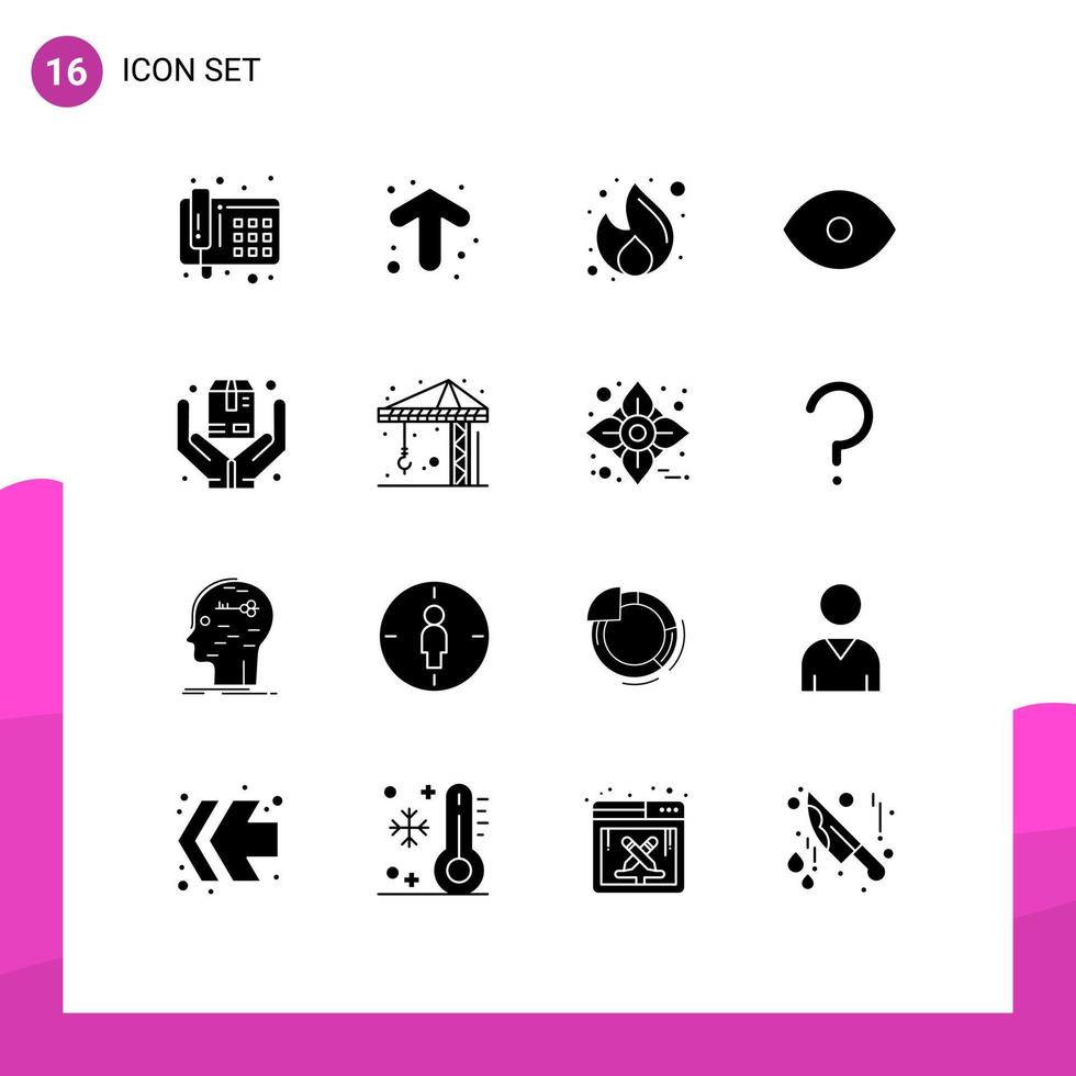 User Interface Pack of 16 Basic Solid Glyphs of insurance vision fire human eye Editable Vector Design Elements