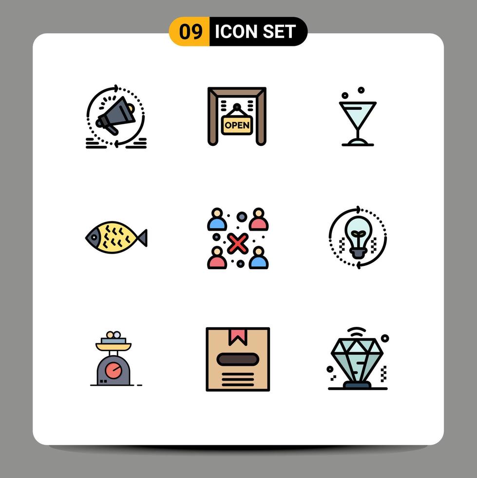 símbolos de iconos universales grupo de 9 colores planos modernos de línea rellena de personas vidrio de negocios comer alimentos elementos de diseño de vectores editables