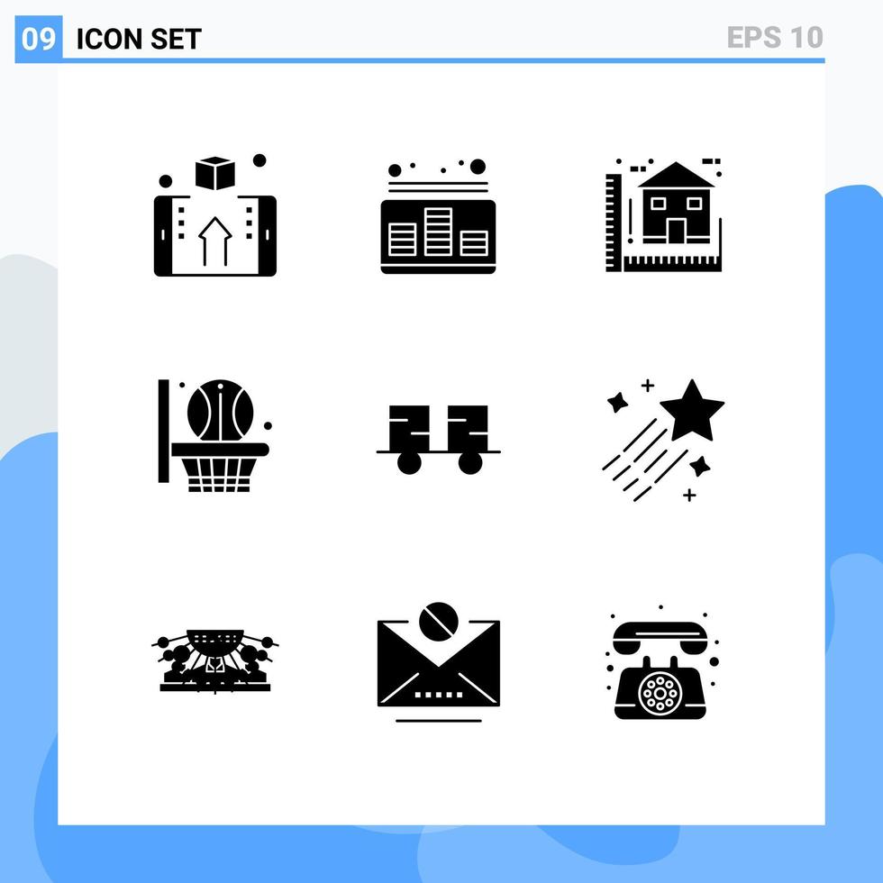 Pack of 9 Modern Solid Glyphs Signs and Symbols for Web Print Media such as sport basketball net music house construction Editable Vector Design Elements