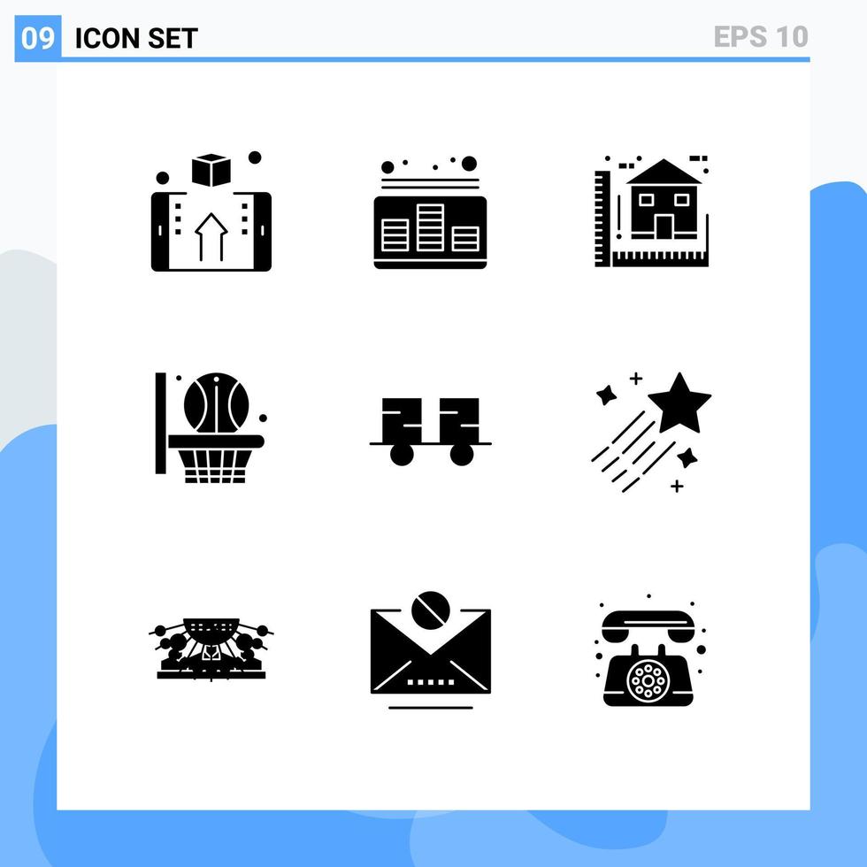 paquete de 9 signos y símbolos de glifos sólidos modernos para medios de impresión web, como elementos de diseño de vectores editables para la construcción de casas de música en red de baloncesto deportivo