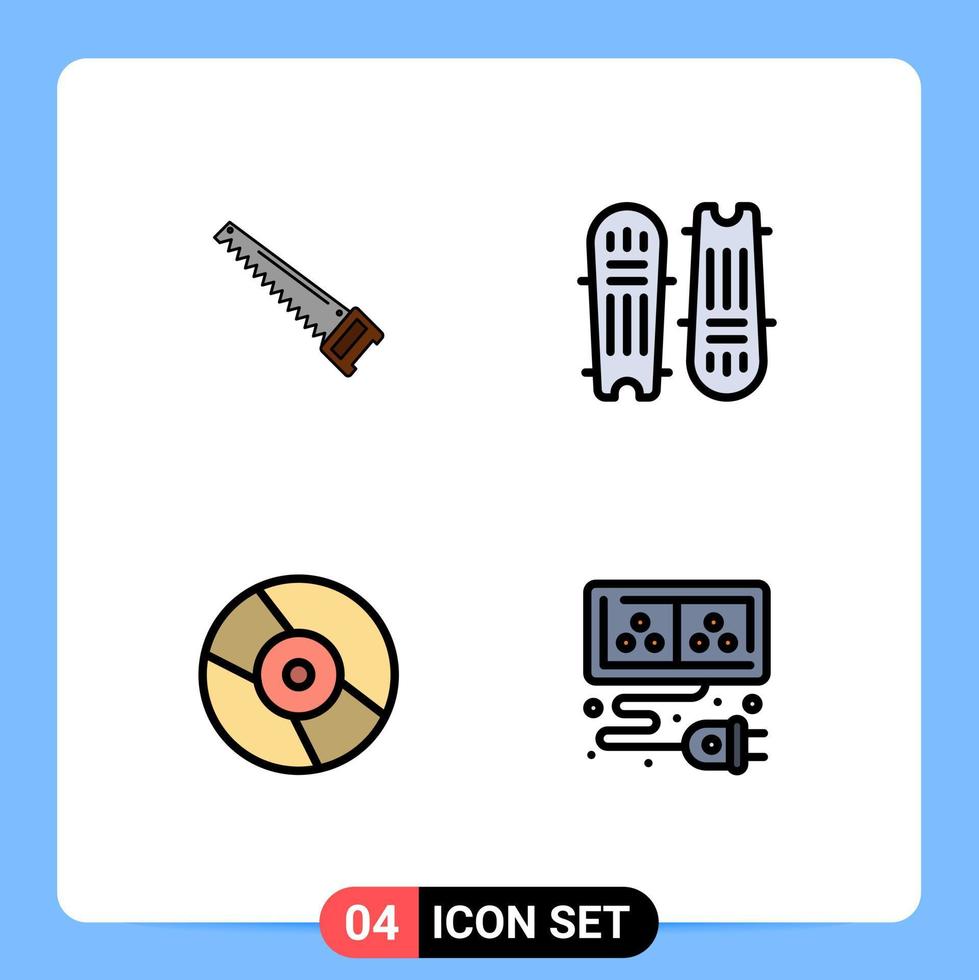 Editable Vector Line Pack of 4 Simple Filledline Flat Colors of saw cricket stumps construction cricket ball dvd Editable Vector Design Elements