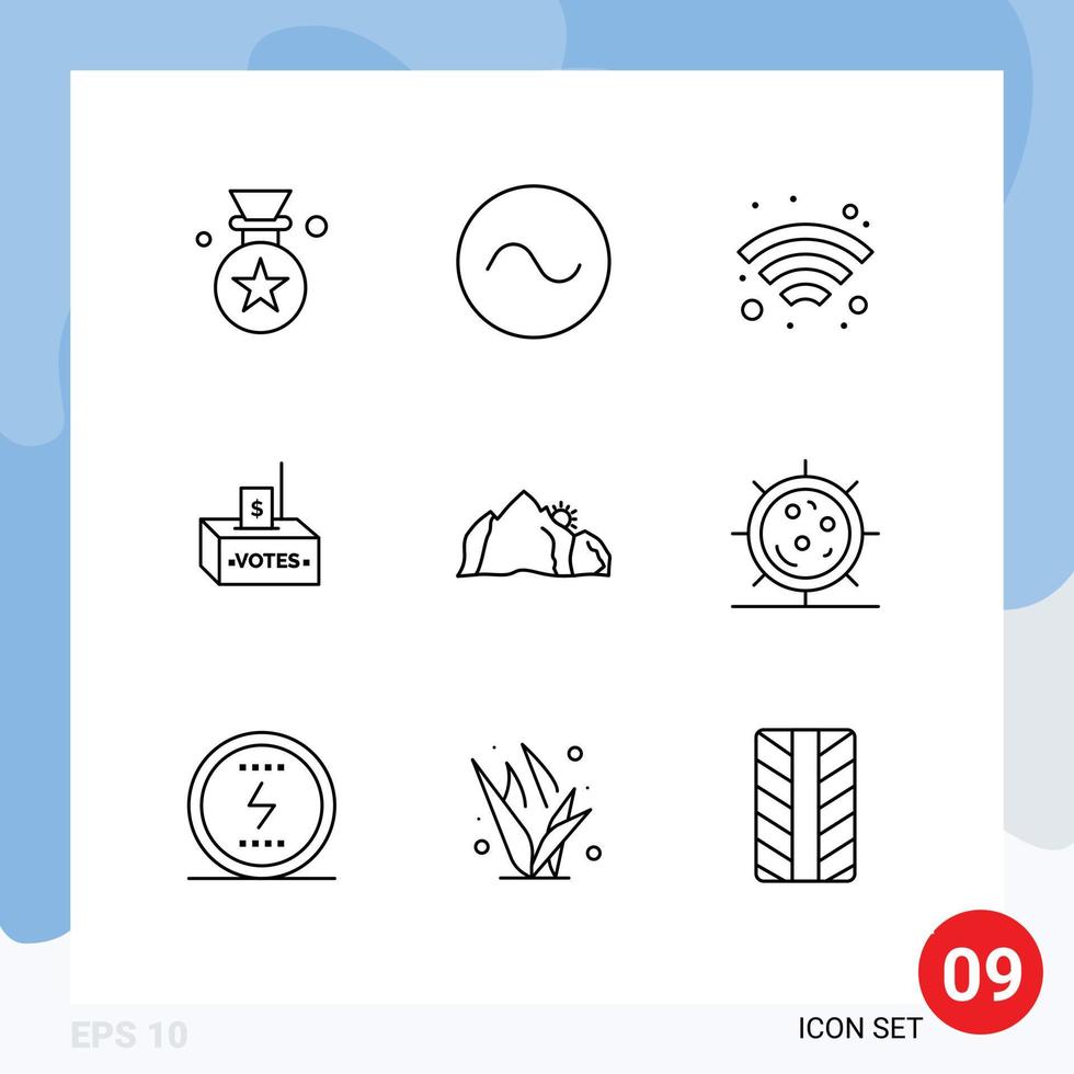 9 Universal Outlines Set for Web and Mobile Applications nature hill wifi money election Editable Vector Design Elements