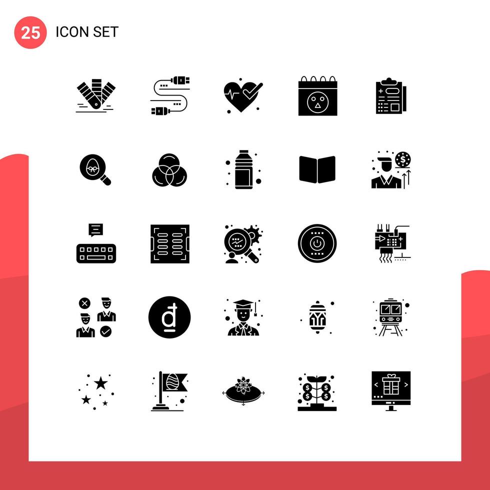 Pictogram Set of 25 Simple Solid Glyphs of report healthcare share skull calendar Editable Vector Design Elements