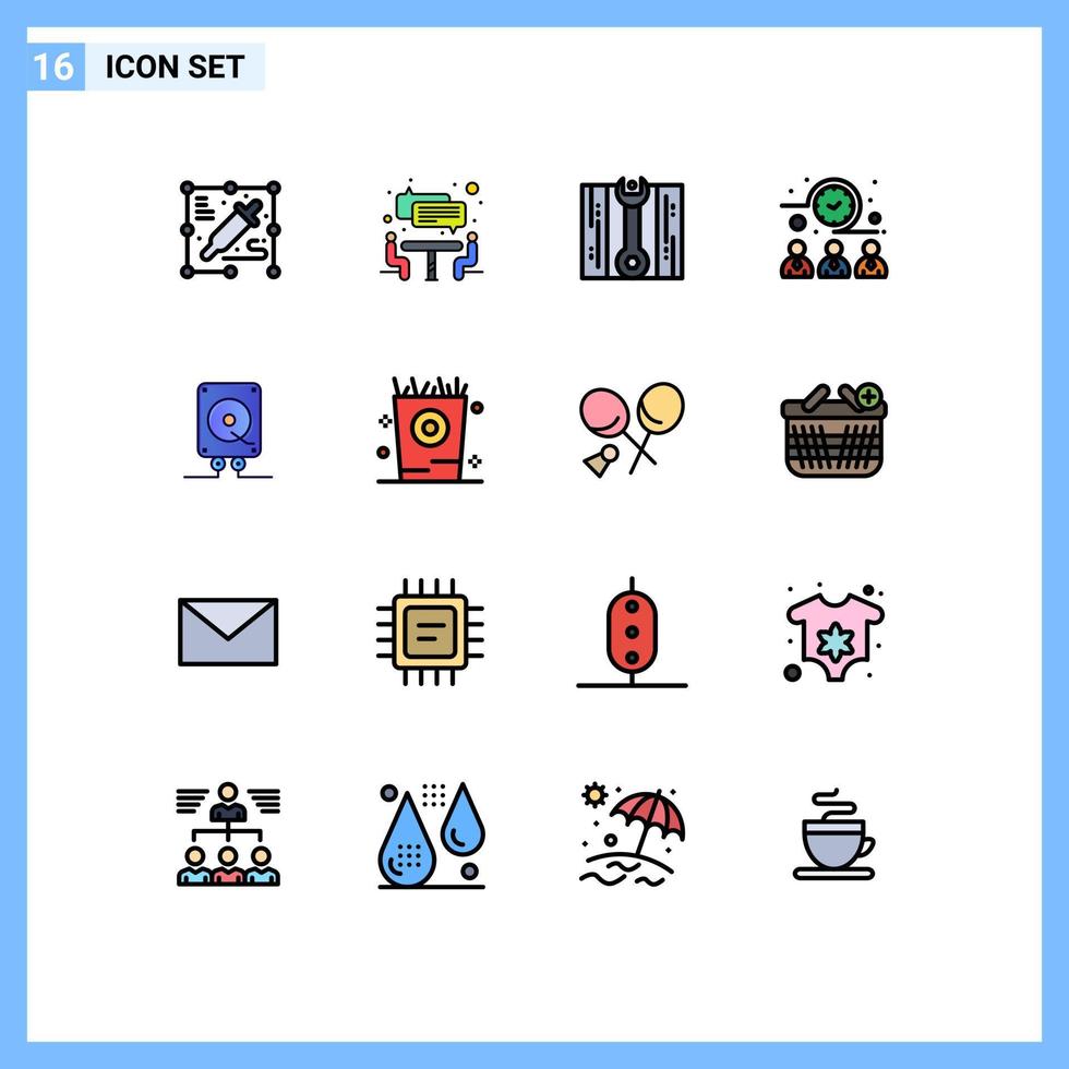 Pack of 16 Modern Flat Color Filled Lines Signs and Symbols for Web Print Media such as fries computing repair audio workers Editable Creative Vector Design Elements