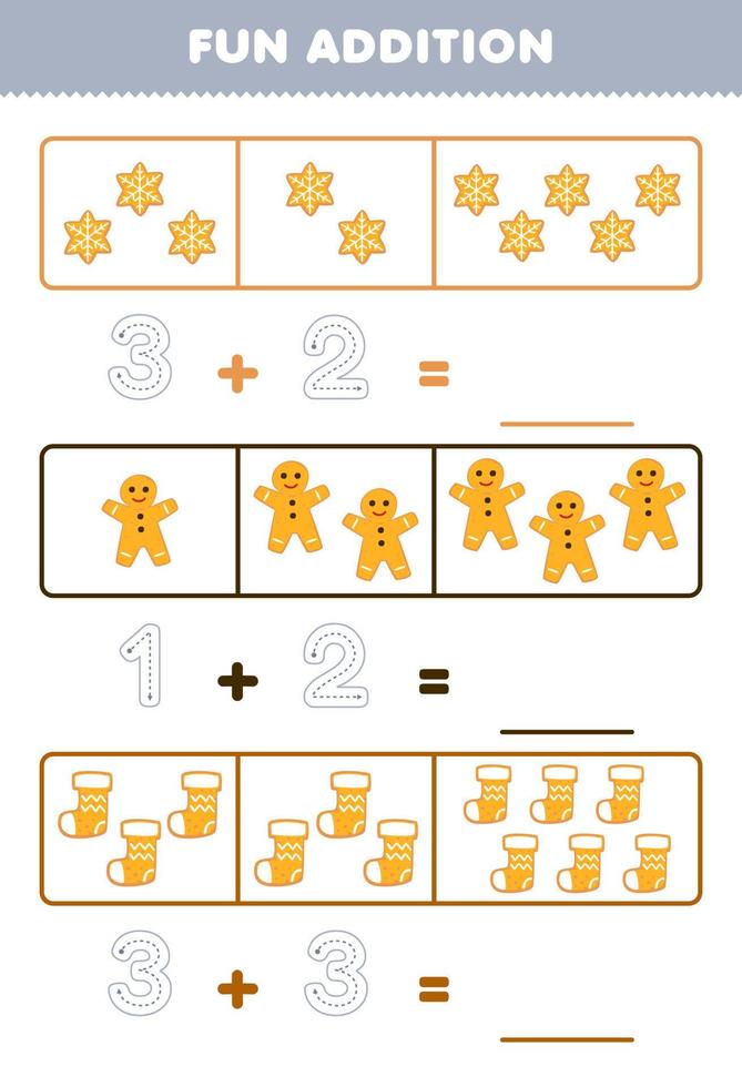 Education game for children fun addition by counting and tracing the number of cute cartoon cookies printable winter worksheet vector