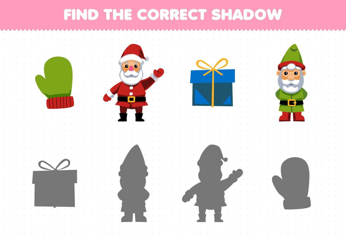 Education game for children find the correct shadow set of cute cartoon mitten santa gift box gnome printable winter worksheet vector