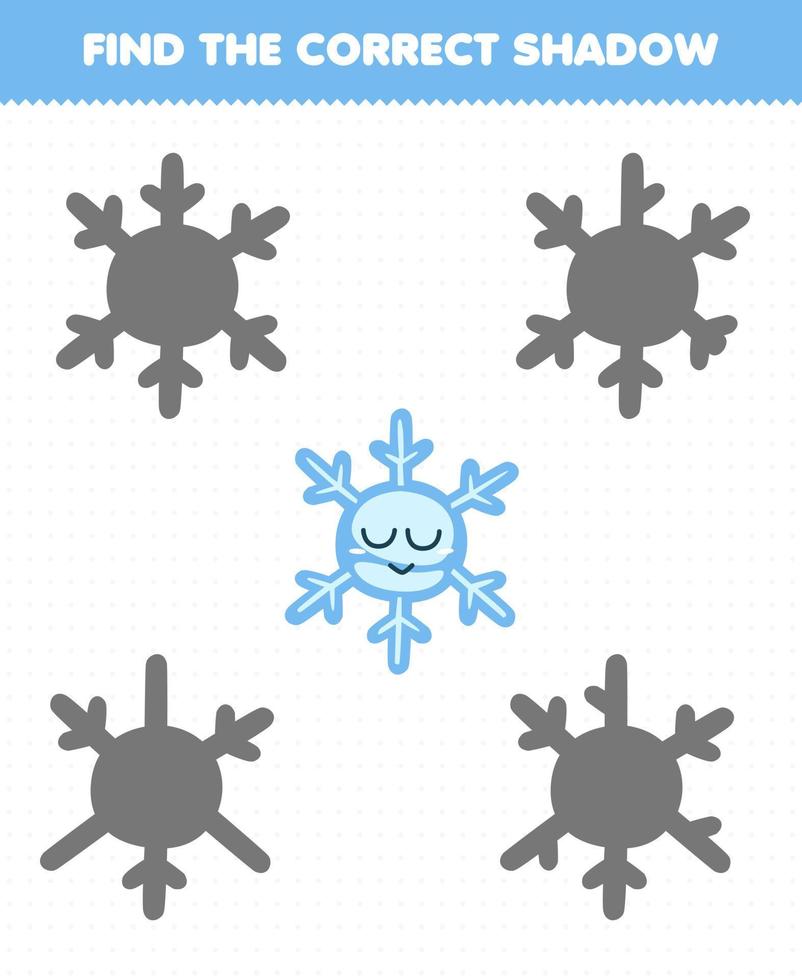 Education game for children find the correct shadow set of cute cartoon snowflake printable winter worksheet vector