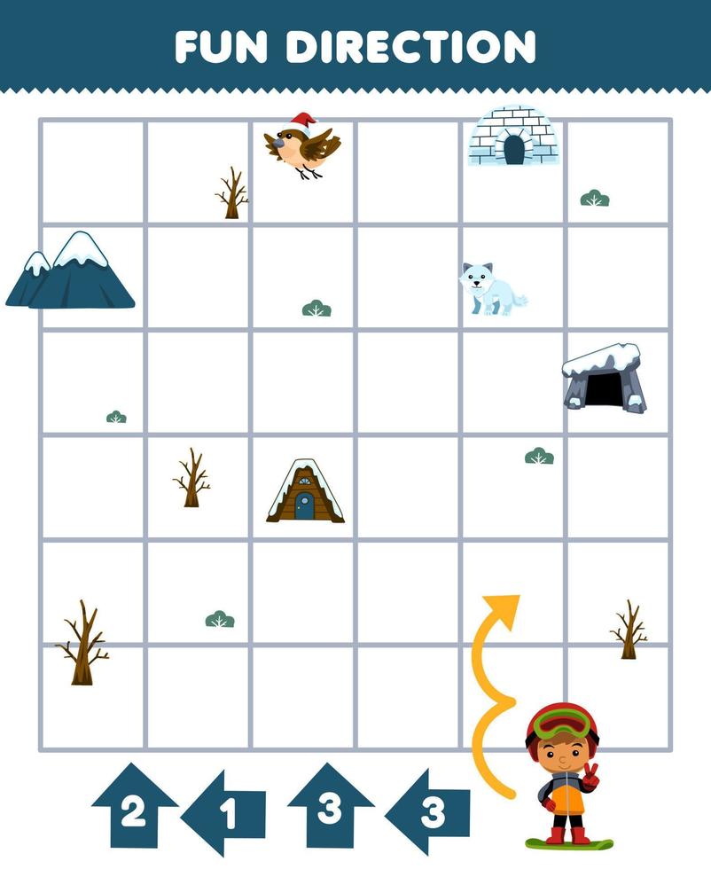Education game for children fun direction help boy with snowboard move according to the numbers on the arrows printable winter worksheet vector