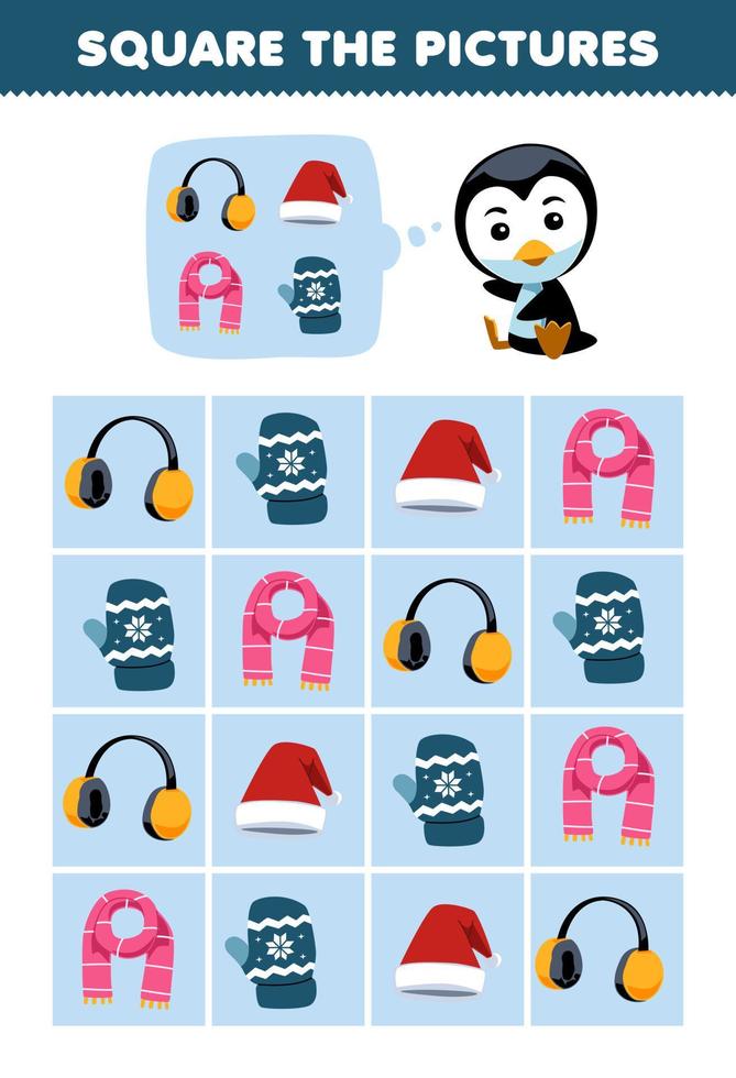 juego educativo para niños ayudar a la caricatura linda pingüino cuadrado la imagen del conjunto portátil correcto hoja de trabajo de invierno imprimible vector