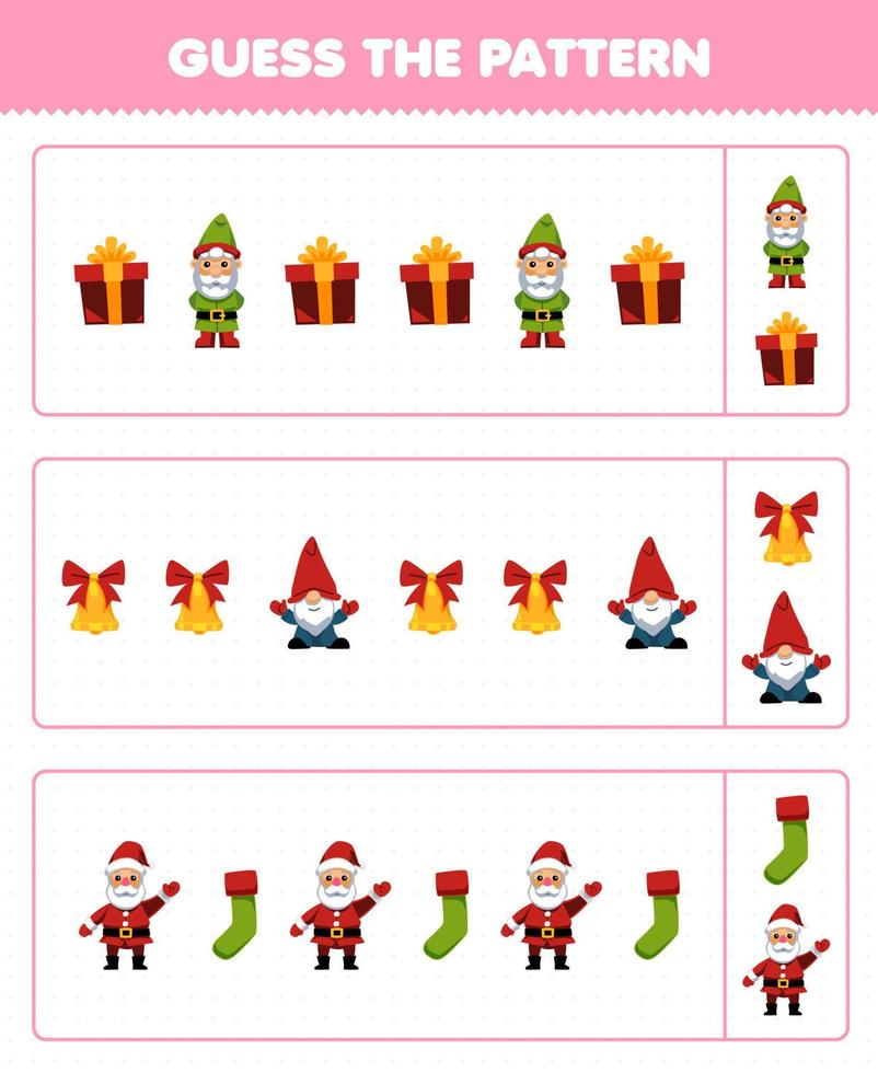 Education game for children guess the pattern each row from cute cartoon gift box gnome bell santa sock printable winter worksheet vector