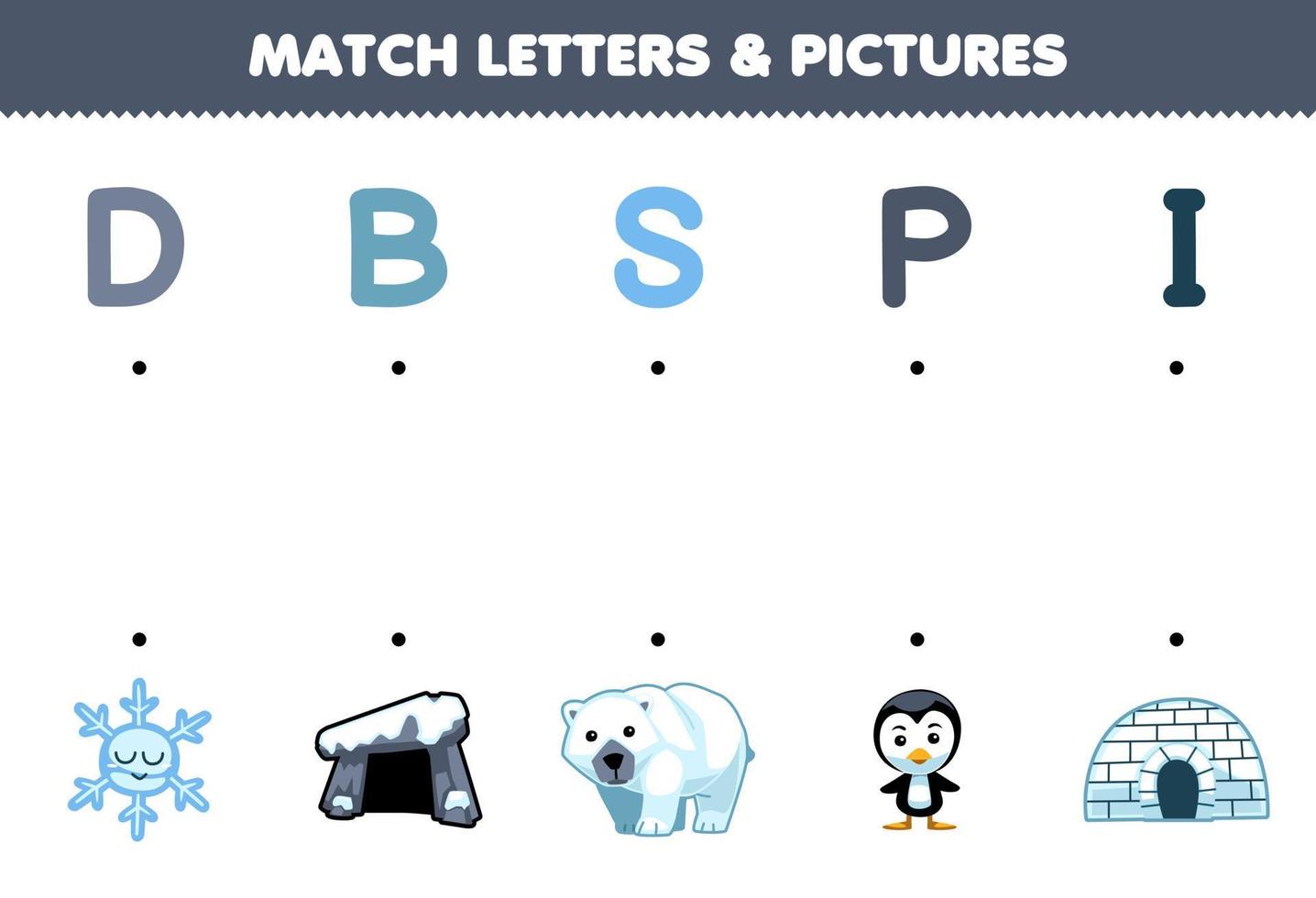 Education game for children match letters and pictures of cute cartoon snowflake den polar bear penguin igloo printable winter worksheet vector