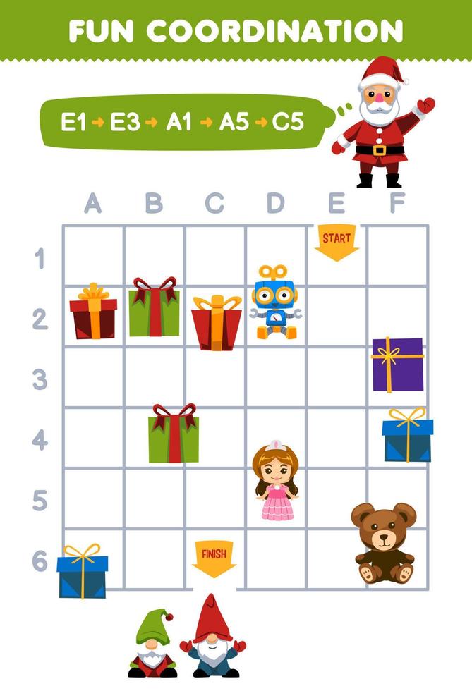 Education game for children draw the way according to the coordinates to help santa move to gnome printable winter worksheet vector