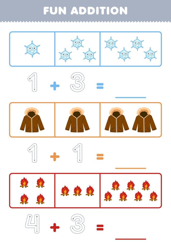 Education game for children fun addition by counting and tracing the number of cute cartoon snowflake jacket bonfire printable winter worksheet vector