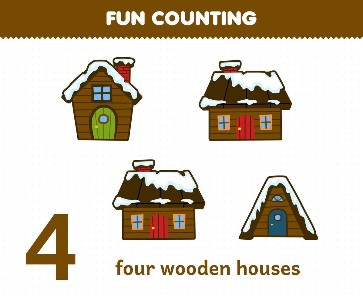 Education game for children fun counting four wooden houses printable winter worksheet vector