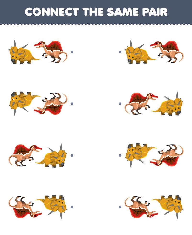 Education game for children connect the same picture of cute cartoon xenoceratops and spinnosaurus pair printable prehistoric dinosaur worksheet vector