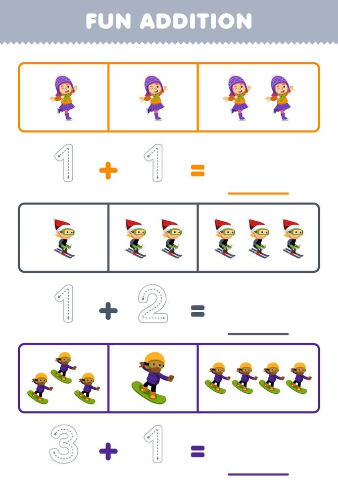 Education game for children fun addition by counting and tracing the number of cute cartoon kid play ski snowboard and ice skating printable winter worksheet vector