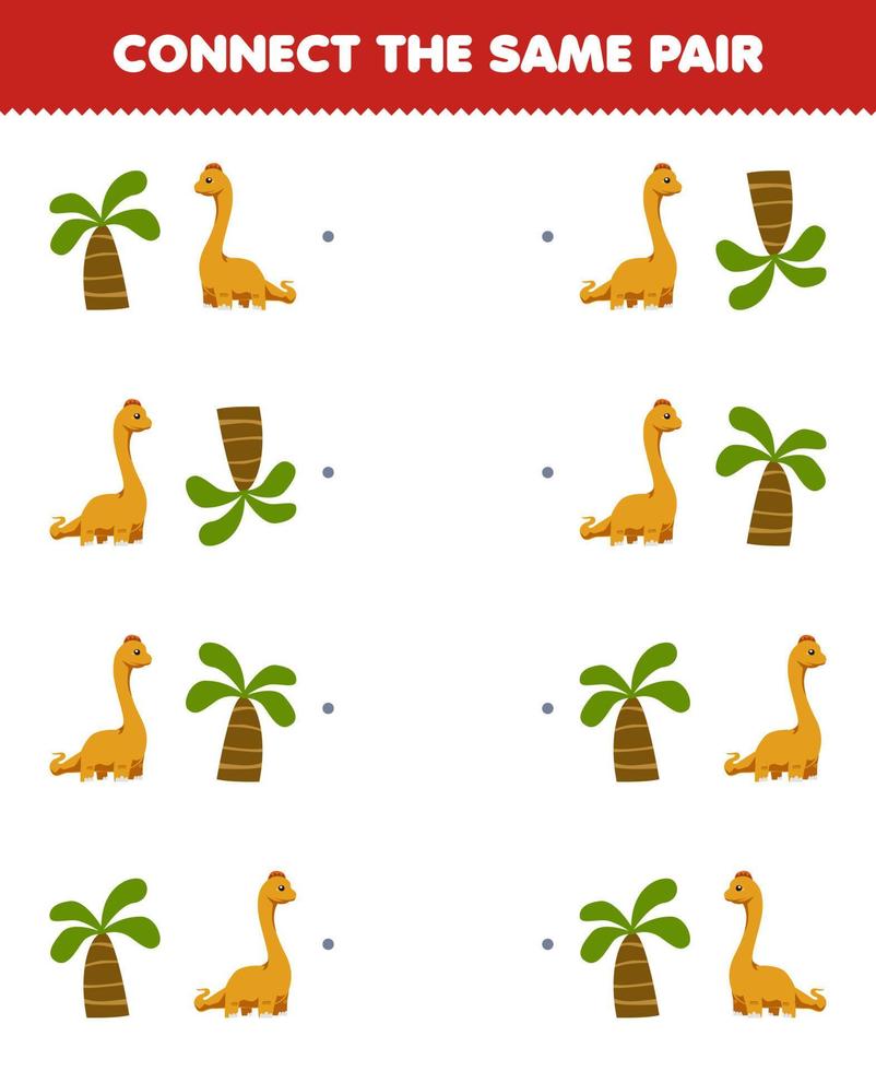 juego educativo para niños conecta la misma imagen de un lindo árbol de dibujos animados y un par de brontosaurios hoja de trabajo de dinosaurio prehistórico imprimible vector