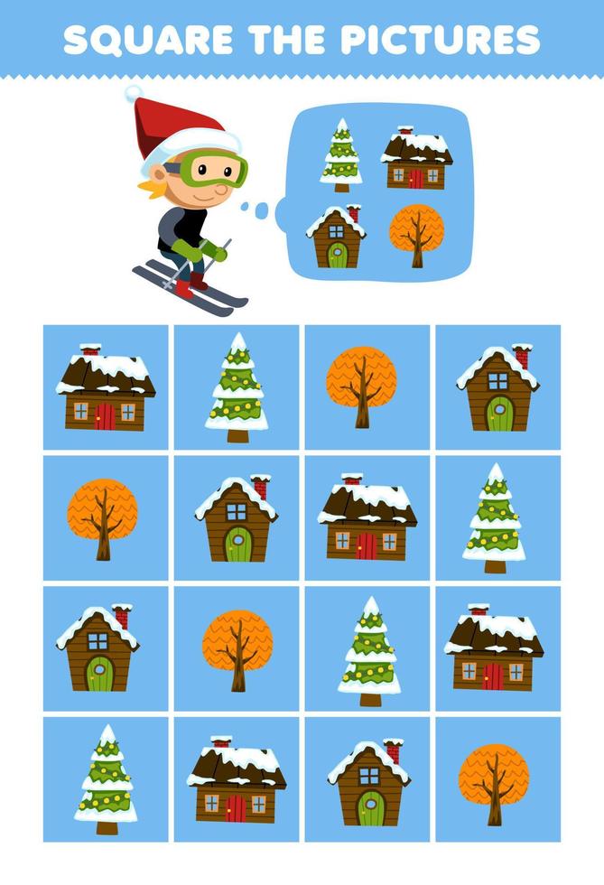 Education game for children help cute cartoon boy playing ski square the correct house set picture printable winter worksheet vector