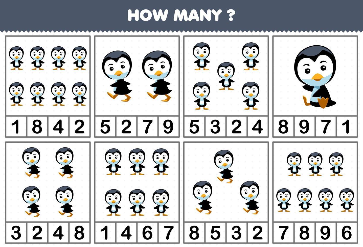 Education game for children counting how many objects in each table of cute cartoon penguin printable winter worksheet vector