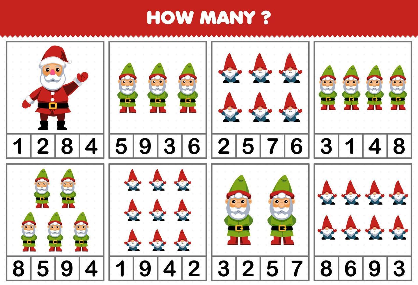 Education game for children counting how many objects in each table of cute cartoon santa and gnome printable winter worksheet vector