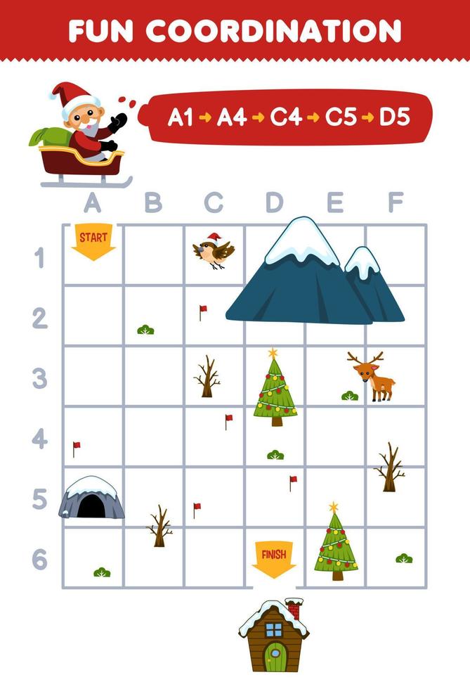 Education game for children draw the way according to the coordinates to help santa move to the house printable winter worksheet vector