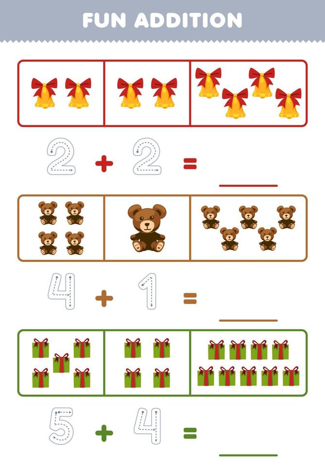 Education game for children fun addition by counting and tracing the number of cute cartoon bell teddy bear gift box printable winter worksheet vector