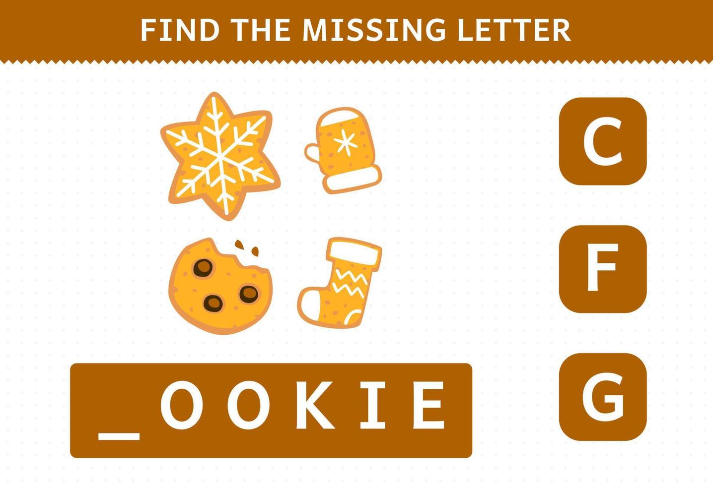 Education game for children find missing letter of cute cartoon cookie printable winter worksheet vector