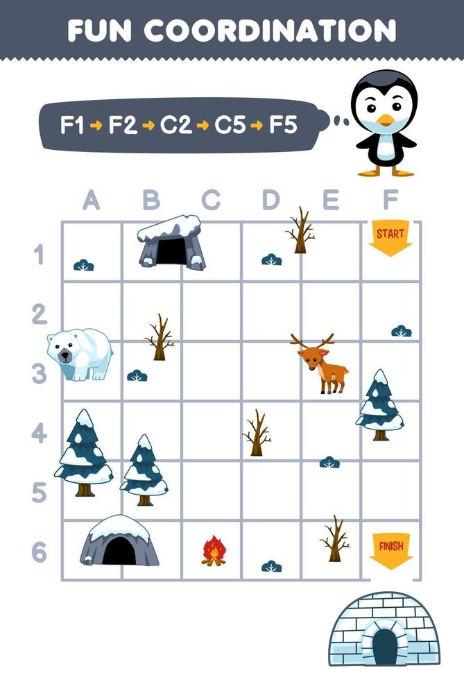 Education game for children draw the way according to the coordinates to help the penguin move to the igloo printable winter worksheet vector