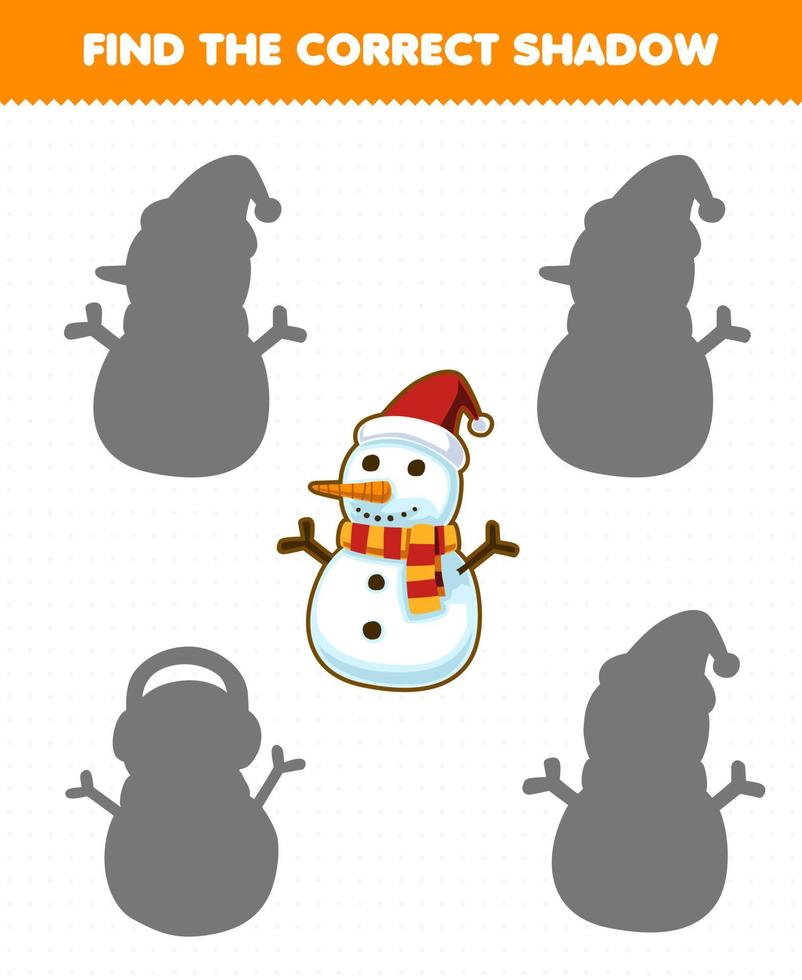 Education game for children find the correct shadow set of cute cartoon snowman printable winter worksheet vector