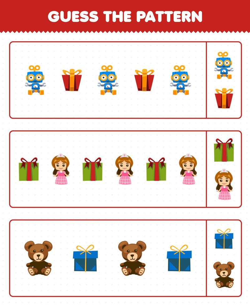 Education game for children guess the pattern each row from cute cartoon robot gift box doll teddy bear toy printable winter worksheet vector
