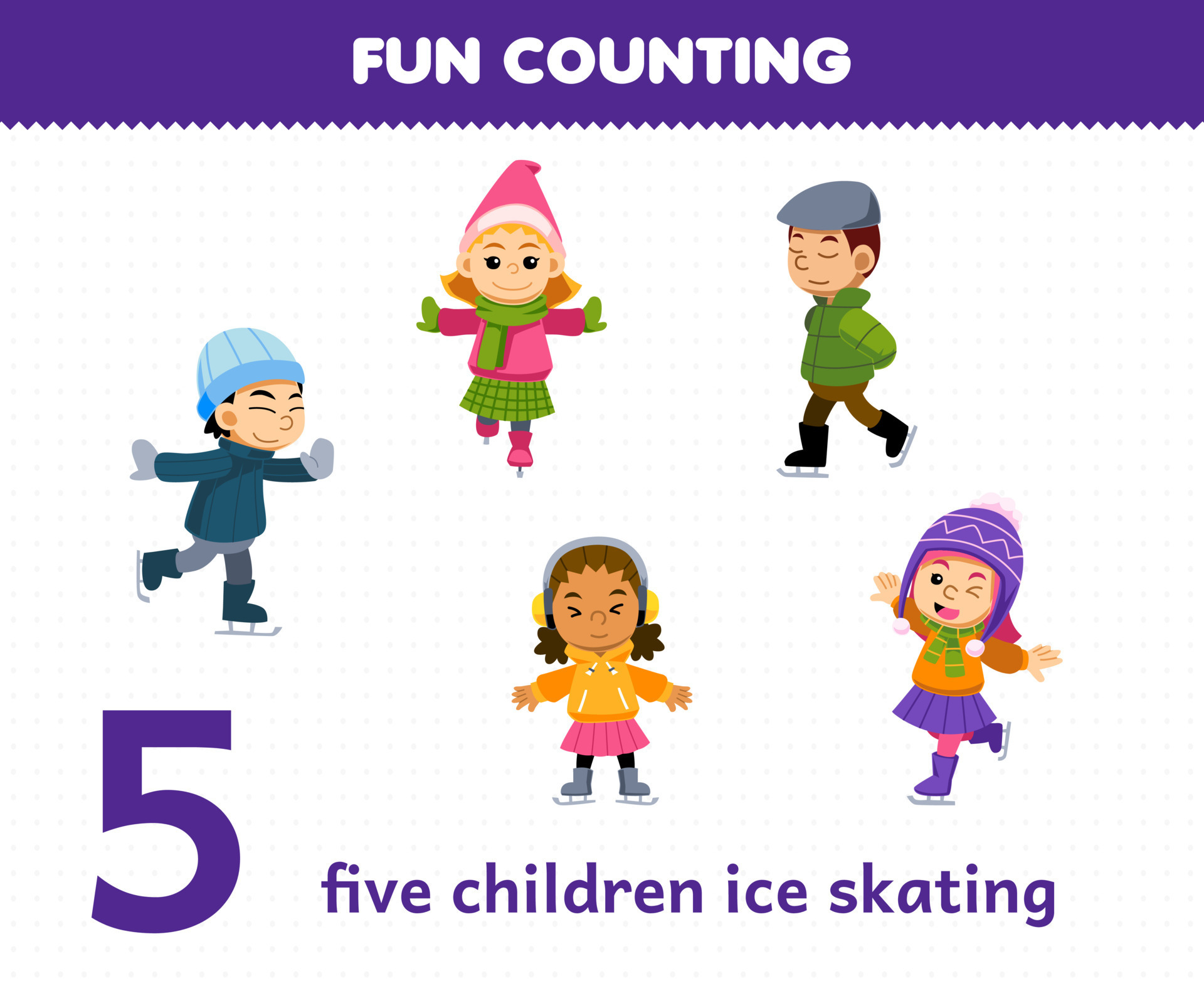 Education game for children fun counting five children ice skating printable winter worksheet