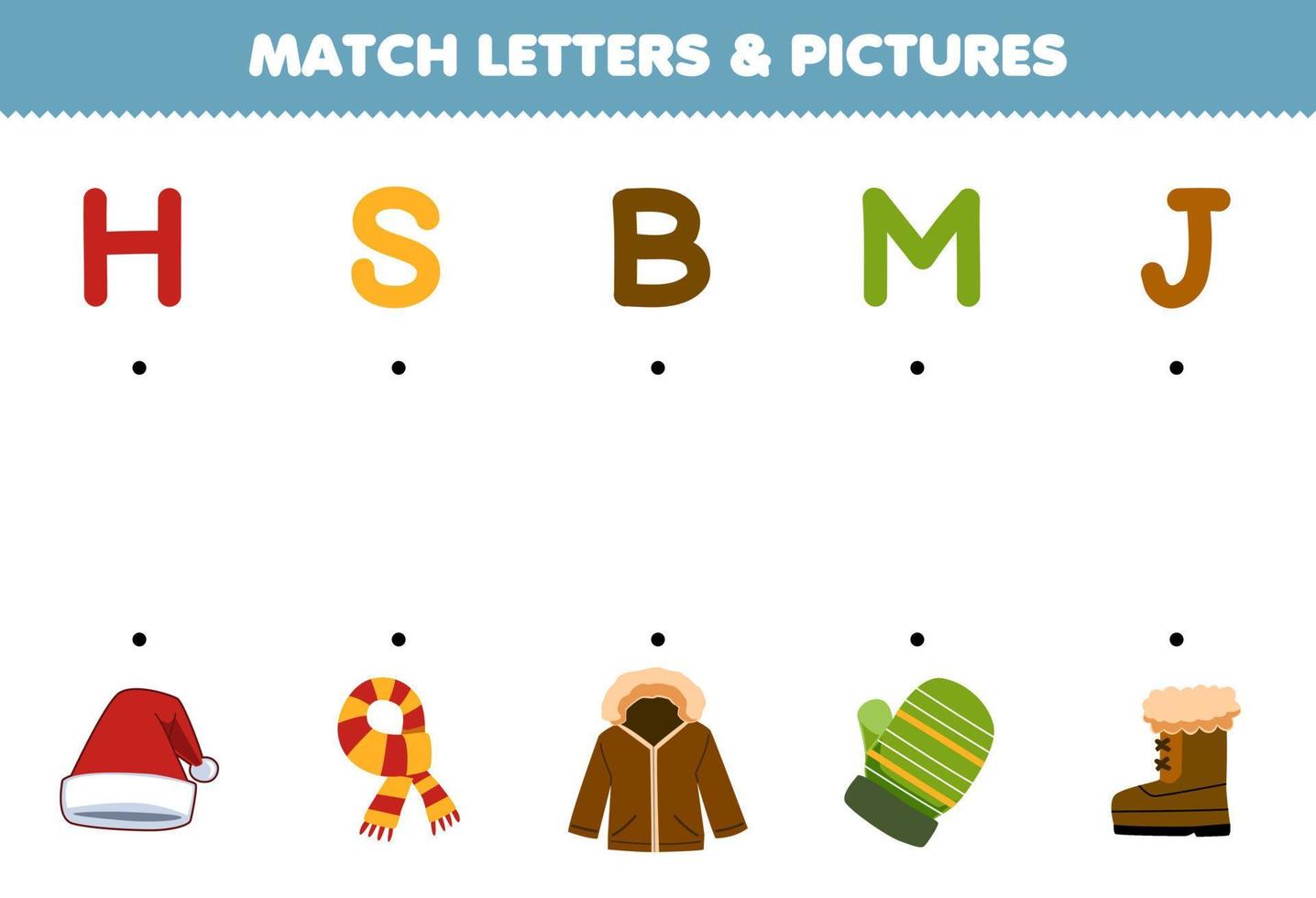 Education game for children match letters and pictures of cute cartoon hat scarf jacket mitten boot printable winter worksheet vector