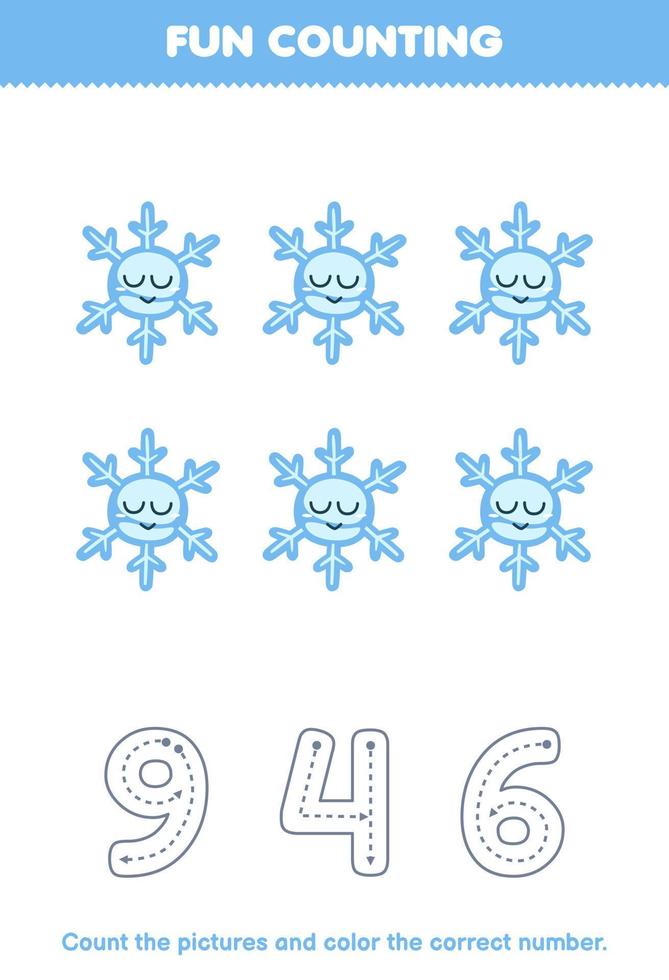 Education game for children count the pictures and color the correct number from cute cartoon snowflake printable winter worksheet vector